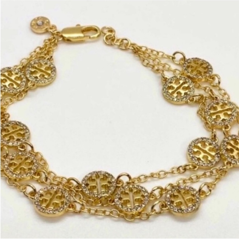 Tory Burch gold crystal pave triple strand logo bracelet - Picture 2 of 8